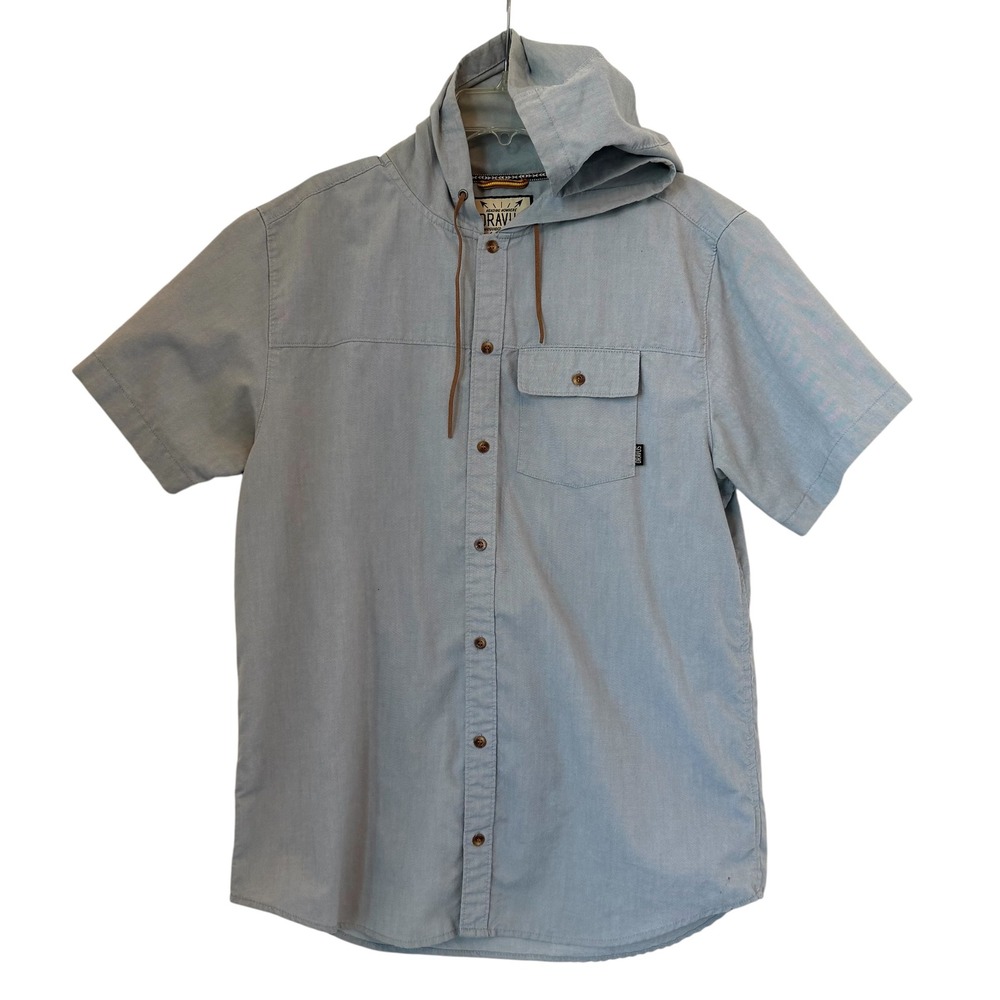 Dravus Short Sleeve‎ Hooded Button Down Shirt Blue XL Drawstring Streetwear READ